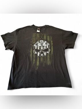 Harley-Davidson Black Tee with Olive Green Flag and Skull Graphic BK2